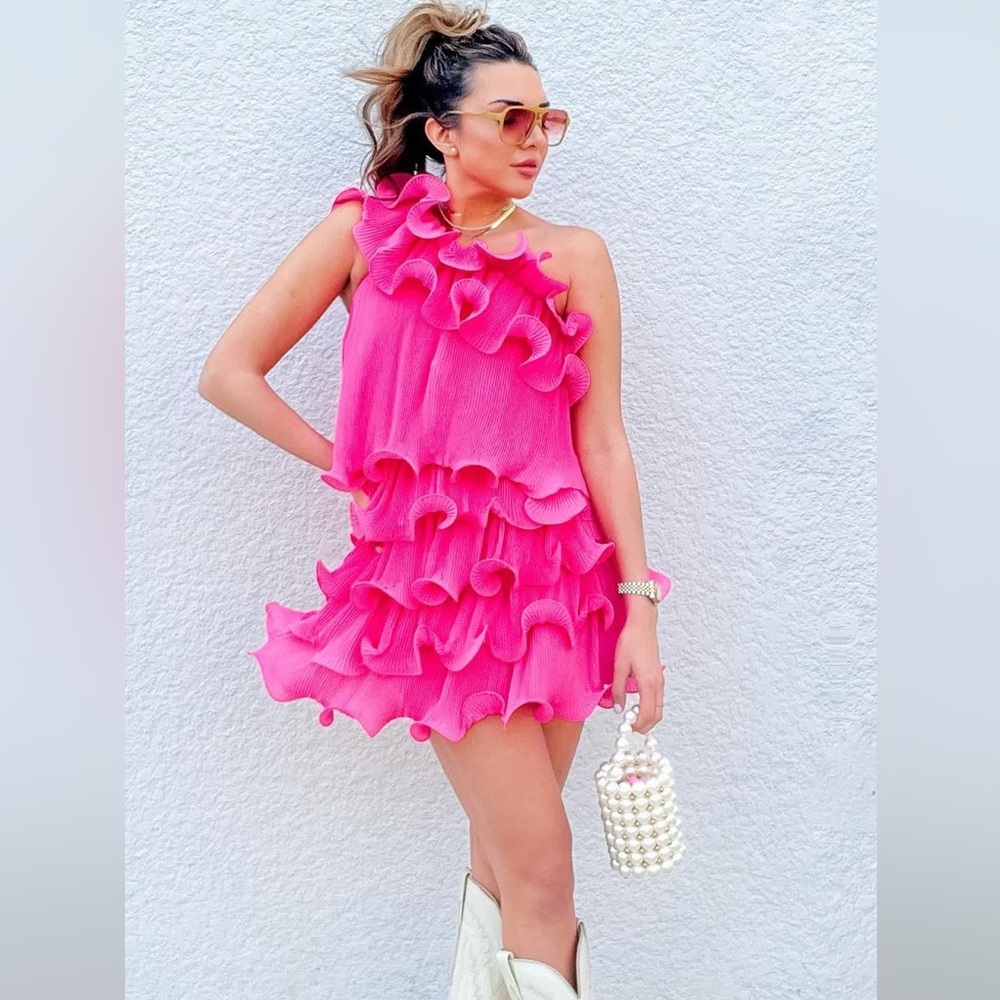 Milly Vibrant Pink Ruffle Mini Dress